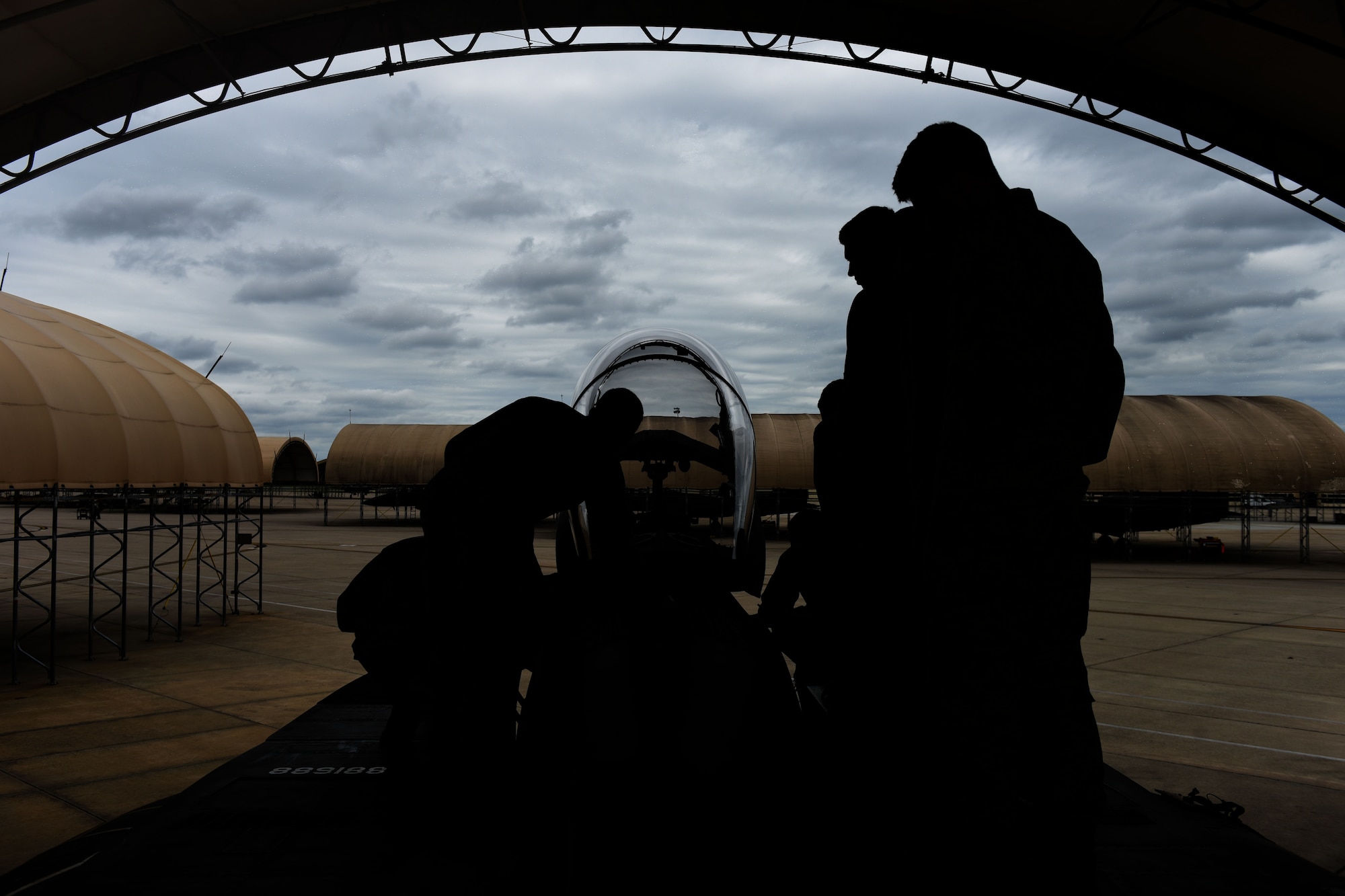 Cadets from the U.S. Air Force Academy toured and analyze an F-15E Strike Eagle, June 8, 2017, at Seymour Johnson Air Force Base, North Carolina. The cadets toured the base during Operation Air Force, and received incentives flights on the Strike Eagle. (U.S. Air Force photo by Airman 1st Class Miranda A. Loera)