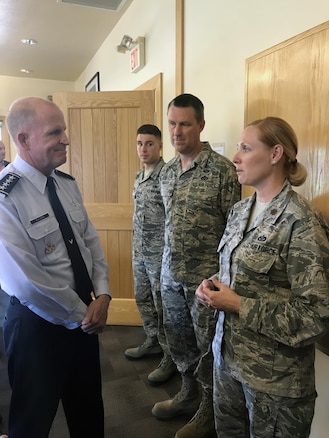 Air Force Vice Chief of Staff Gen. Stephen W. Wilson chats with Maj. Sasha Perronne, 151st Civil Engineering Squadron, before lunch at the National Ability Center in Park City, Utah on June 21, 2017. Wilson dined with 20 Army and Air National Guardsmen, answered questions about current Air Force issues, and discussed Chief of Staff of the Air Force Gen. David L. Goldfein's leadership vision. 