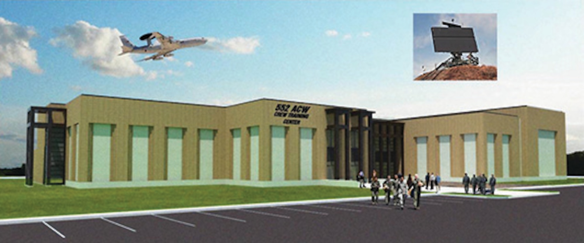 Graphic rendering of the new 552nd Air Control Wing training facility’s consolidated simulator building. (Courtesy graphic rendering)