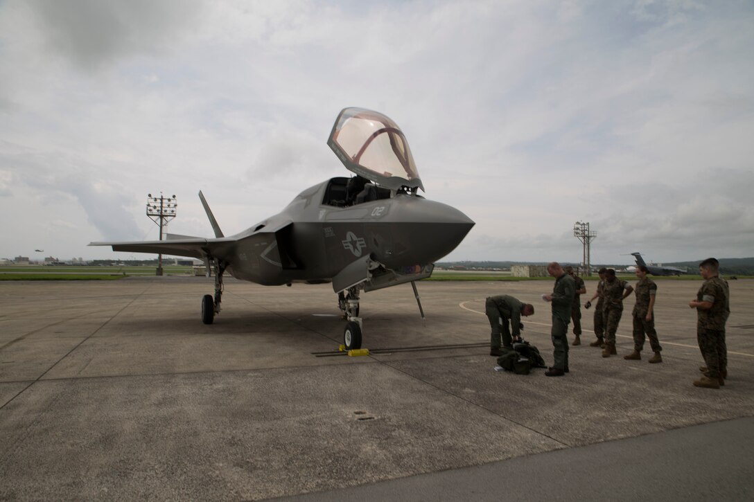 A U.S. Marine Corps F-35B Lightning II aircraft with Marine Fighter Attack Squadron 121, Marine Aircraft Group 12, 1st Marine Aircraft Wing, conducted a training flight from Marine Corps Air Station Iwakuni to Kadena Air Force Base, Okinawa, Japan, June 26, 2017. The Marines with VMFA- 121 worked alongside Airmen with the 18th Wing. This event marked the first time an F-35B Lightning II landed in Okinawa. (U.S. Marine Corps photo by Lance Cpl. Charles Plouffe)