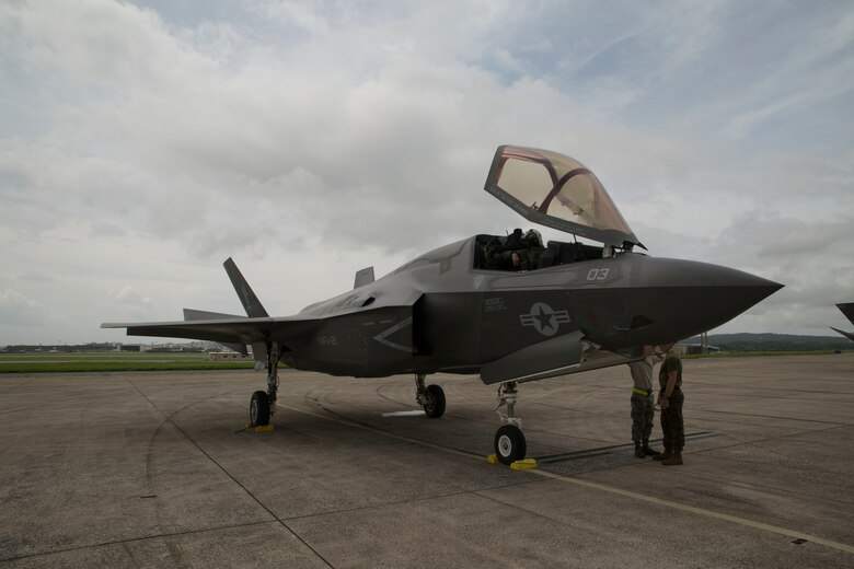 A U.S. Marine Corps F-35B Lightning II aircraft with Marine Fighter Attack Squadron 121, Marine Aircraft Group 12, 1st Marine Aircraft Wing, conducted a training flight from Marine Corps Air Station Iwakuni to Kadena Air Force Base, Okinawa, Japan, June 26, 2017. The Marines with VMFA- 121 worked alongside Airmen with the 18th Wing. This event marked the first time an F-35B Lightning II landed in Okinawa. (U.S. Marine Corps photo by Lance Cpl. Charles Plouffe)