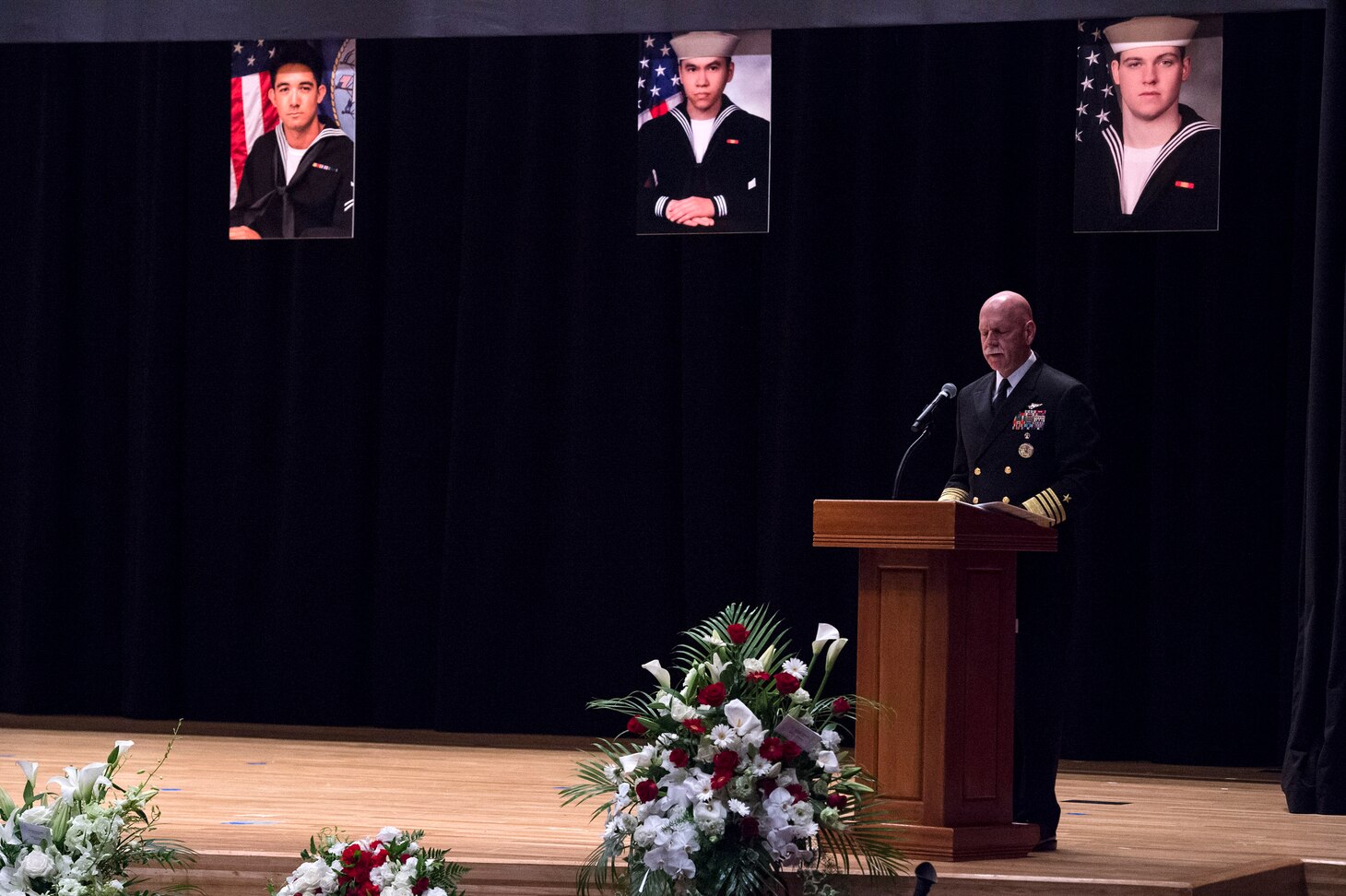 YOKOSUKA, Japan (June 27, 2017) Adm. Scott Swift,
commander of U.S. Pacific Fleet, delivers remarks during a memorial ceremony at Fleet Activities (FLEACT) Yokosuka for seven Sailors assigned to Arleigh Burke-class guided-missile destroyer USS Fitzgerald (DDG 62) who were killed
in a collision at sea, June 17. (U.S. Navy photo by Mass Communication Specialist 2nd Class Raymond D. Diaz III/Released)
