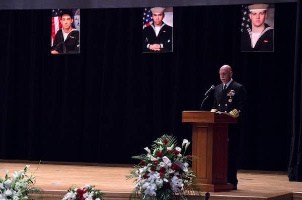 YOKOSUKA, Japan (June 27, 2017) Adm. Scott Swift,
commander of U.S. Pacific Fleet, delivers remarks during a memorial ceremony at Fleet Activities (FLEACT) Yokosuka for seven Sailors assigned to Arleigh Burke-class guided-missile destroyer USS Fitzgerald (DDG 62) who were killed
in a collision at sea, June 17. (U.S. Navy photo by Mass Communication Specialist 2nd Class Raymond D. Diaz III/Released)
