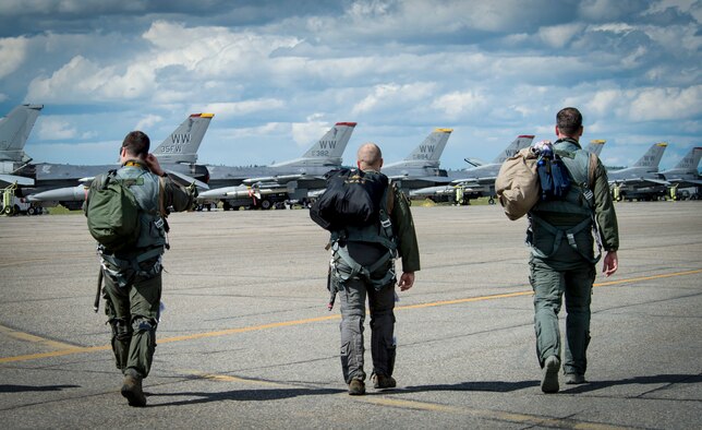U.S. Air Force Lt. Col. Ryan Ley, fighter pilot assigned to the 14th Fighter Squadron prepares for a flight on an F-16 during RED FLAG-Alaska 17-2 June 16, 2017, at Eielson Air Force Base, Alaska. RED FLAG-Alaska provides an optimal training environment in the Indo-Asia Pacific Region and focuses on improving ground, space, and cyberspace combat readiness and interoperability for U.S. and international forces.  (U.S. Air Force photo by Airman 1st Class Haley D. Phillips)