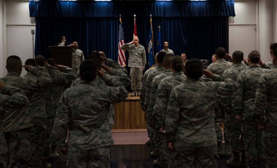U.S. Air Force Maj. Tyler Hess, 39th Comptroller Squadron incoming commander, renders his first salute, as commander, to 39th CPTS Airmen, June 26, 2017, at Incirlik Air Base, Turkey. A change of command ceremony is a tradition that represents a formal transfer of authority and responsibility from the outgoing commander to the incoming commander. (U.S. Air Force photo by Airman 1st Class Devin M. Rumbaugh)
