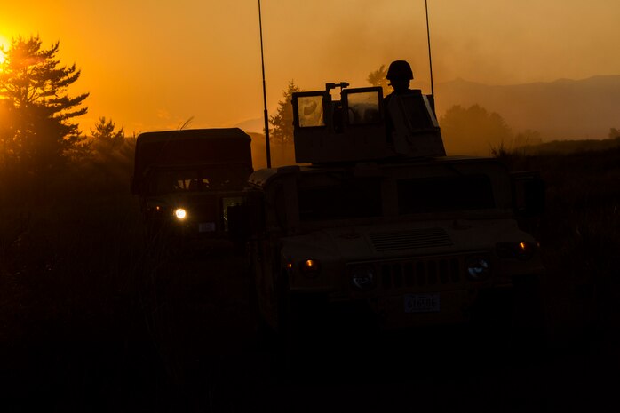 U.S. Marines assigned to Marine Wing Support Squadron (MWSS) 171, based out of Marine Corps Air Station Iwakuni, conduct a mounted security patrol during exercise Eagle Wrath 2017 at Combined Arms Training Center Camp Fuji, Japan, June 16, 2017. Eagle Wrath 2017 is a two-week training evolution focusing on air base ground defense, establishing forward operating bases and forward arming and refueling points in an austere environment as a way to support Marine Aircraft Group 12. (U.S. Marine Corps photo by Lance Cpl. Stephen Campbell)