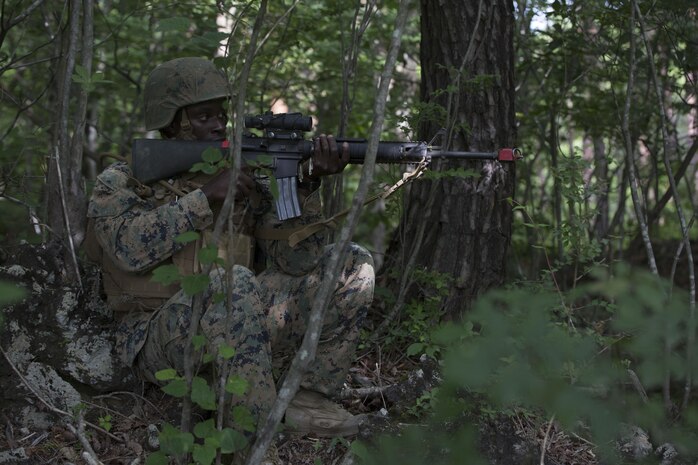 U.S. Marine Corps Pfc. Jason Taylor, a combat engineer with Marine Wing Support Squadron (MWSS) 171, posts security during a security patrol while participating in exercise Eagle Wrath 2017 at Combined Arms Training Center Camp Fuji, Japan. Eagle Wrath 2017 is a two-week training evolution focusing on air base ground defense, establishing forward operating bases and forward arming and refueling points in an austere environment as a way to support Marine Aircraft Group 12. (U.S. Marine Corps photo by Lance Cpl. Stephen Campbell)
