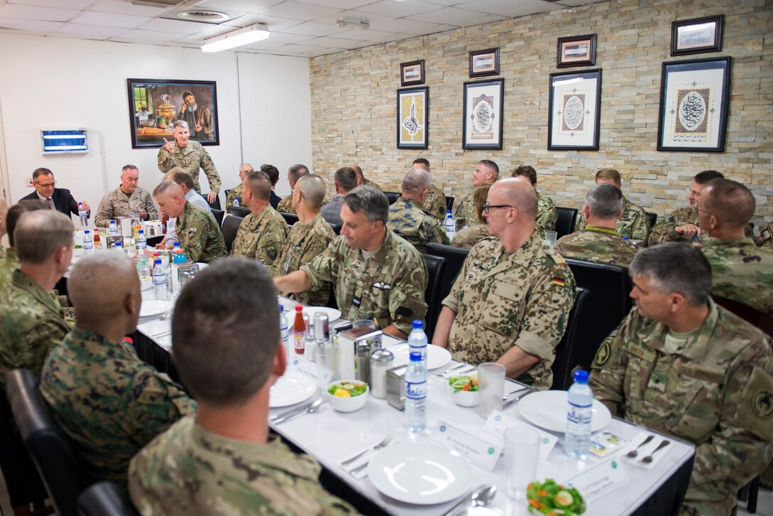 Army Gen. John W. Nicholson, Commander of the Resolute Support Mission and U.S. Forces Afghanistan, introduces Marine Corps Gen. Joe Dunford, chairman of the Joint Chiefs of Staff, at a dinner in Kabul, Afghanistan, June 26, 2017. DoD photo by Army Sgt. James K. McCann