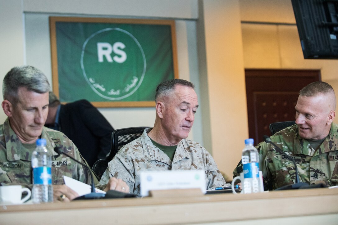 Army Gen. John W. Nicholson, left, Commander of the Resolute Support Mission and U.S. Forces Afghanistan, Marine Corps Gen. Joe Dunford, center, chairman of the Joint Chiefs of Staff, and Army Command Sgt. Maj. John W. Troxell, Senior Enlisted Advisor to the Chairman of the Joint Chiefs of Staff, prepare for a meeting at Resolute Support Mission headquarters in Kabul, Afghanistan, June 26, 2017. Dunford was in Afghanistan meeting with U.S., coalition and Afghan leaders. DoD photo by Army Sgt. James K. McCann