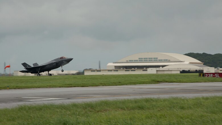 A U.S. Marine Corps F-35B Lightning II aircraft with Marine Fighter Attack Squadron 121, Marine Aircraft Group 12, 1st Marine Aircraft Wing, conducted a training flight from Marine Corps Air Station Iwakuni to Kadena Air Force Base, Okinawa, Japan, June 26, 2017. The Marines with VMFA- 121 worked alongside Airmen with the 18th Wing. This event marked the first time an F-35B Lightning II landed in Okinawa.
