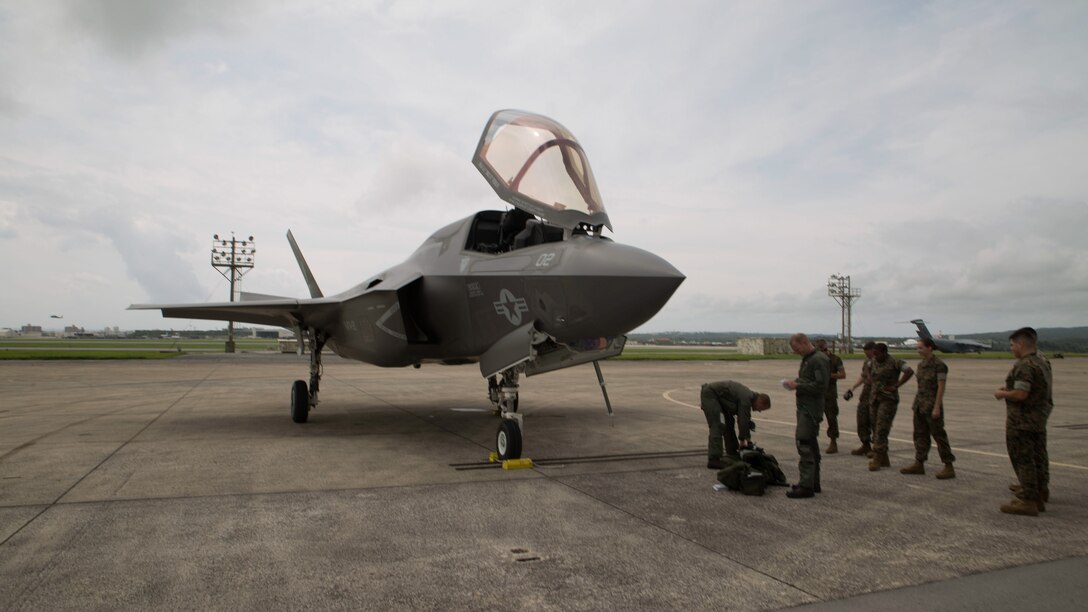A U.S. Marine Corps F-35B Lightning II aircraft with Marine Fighter Attack Squadron 121, Marine Aircraft Group 12, 1st Marine Aircraft Wing, conducted a training flight from Marine Corps Air Station Iwakuni to Kadena Air Force Base, Okinawa, Japan, June 26, 2017. The Marines with VMFA- 121 worked alongside Airmen with the 18th Wing. This event marked the first time an F-35B Lightning II landed in Okinawa.