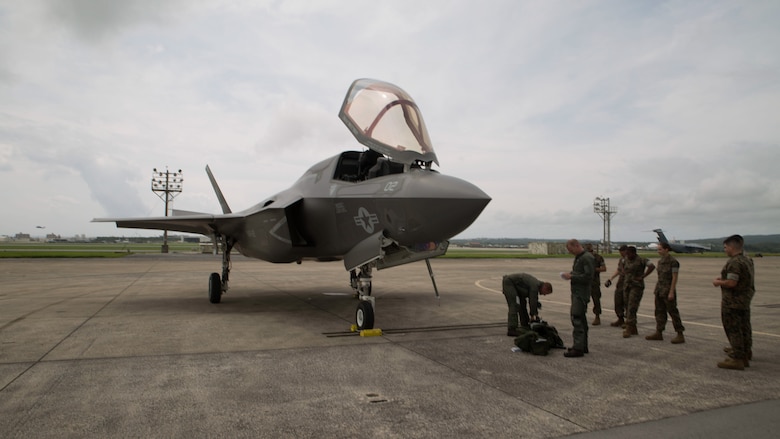 A U.S. Marine Corps F-35B Lightning II aircraft with Marine Fighter Attack Squadron 121, Marine Aircraft Group 12, 1st Marine Aircraft Wing, conducted a training flight from Marine Corps Air Station Iwakuni to Kadena Air Force Base, Okinawa, Japan, June 26, 2017. The Marines with VMFA- 121 worked alongside Airmen with the 18th Wing. This event marked the first time an F-35B Lightning II landed in Okinawa.