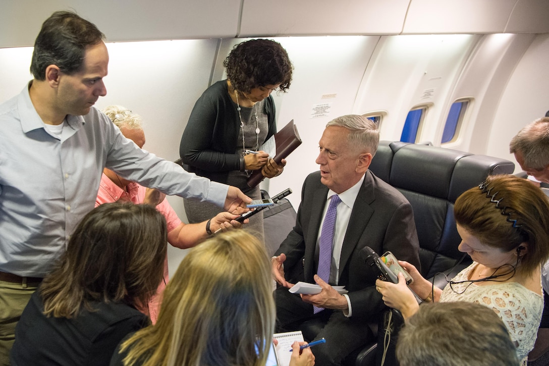 Defense Secretary Jim Mattis speaks to reporters during a flight to Germany, June 26, 2017. DoD photo by Air Force Staff Sgt. Jette Carr