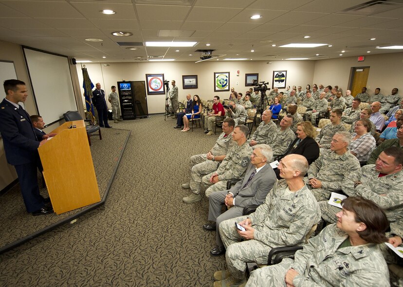 U.S. Air Force Maj. Hamilton Underwood gives remarks after assuming command of the newly activated 4th Combat Camera Squadron at Joint Base Charleston, South Carolina, May 5, 2017. The 4th CTCS was reactivated in South Carolina after being deactivated August 2015 in California. (U.S. Air Force photo by Tech. Sgt. Stephen D. Schester) 
