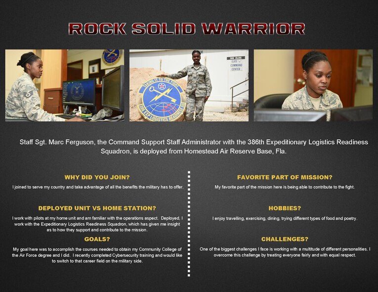 ROCK SOLID WARRIOR: This week's Rock Solid Warrior is Staff Sgt. Marc Ferguson, the Command Support Staff Administrator with the 386th Expeditionary Logistics Readiness Squadron, deployed from Homestead Air Reserve Base, Fla. The Rock Solid Warrior program is a way to recognize and spotlight the Airmen of the 386th Air Expeditionary Wing for their positive impact and commitment to the mission. (U.S. Air Force graphic by Tech. Sgt. Jonathan Hehnly)