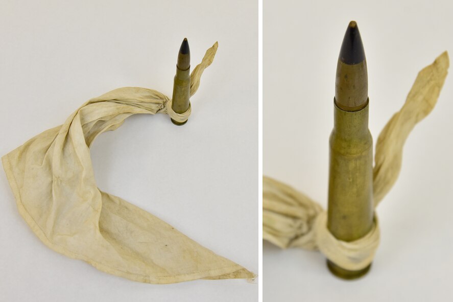 DAYTON, Ohio -- Plans call for this artifact to be displayed near the Memphis Belle as part of the new strategic bombardment exhibit in the WWII Gallery, which opens to the public on May 17, 2018. B-17 pilot Lawrence Dwyer celebrated his last mission on May 14, 1943 by dropping this round tied to a handkerchief over his airfield. (U.S. Air Force photo by Ken LaRock)