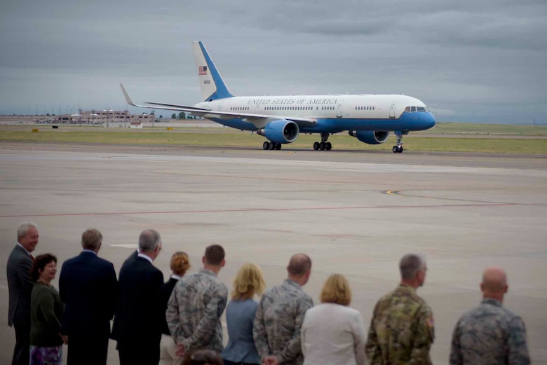 PETERSON AIR FORCE BASE, Colo. - Air Force Two arrives with Vice President Mike Pence alongside the Secretary of the Air Force Heather Wilson at Peterson Air Force Base, Colo., June 23, 2017. Pence and Wilson visited
Peterson AFB, Schriever AFB and Cheyenne Mountain Air Force Station for a closer look at how space plays an integral role in military operations. (U.S. Air Force photo by Senior Airman Dennis Hoffman)
