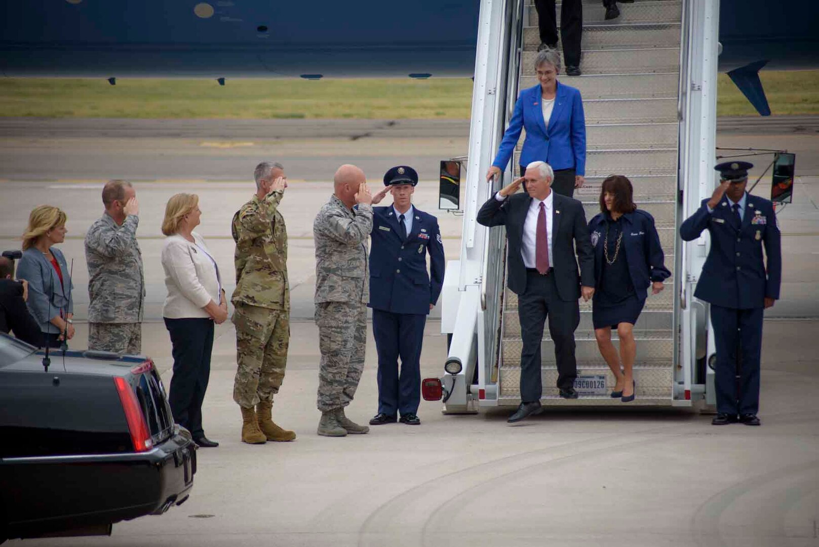 PETERSON AIR FORCE BASE, Colo. - Gen. John "Jay" Raymond, Air Force Space Command commander, greets Vice President Mike Pence alongside Karen Pence, second lady, and the Secretary of the Air Force Heather Wilson at Peterson Air Force Base, Colo., June 23, 2017. Pence traveled with Wilson as he visited Peterson AFB, Schriever AFB and Cheyenne Mountain Air Force Station, each falling under AFSPC. (U.S. Air Force photo by Senior Airman Dennis Hoffman)
