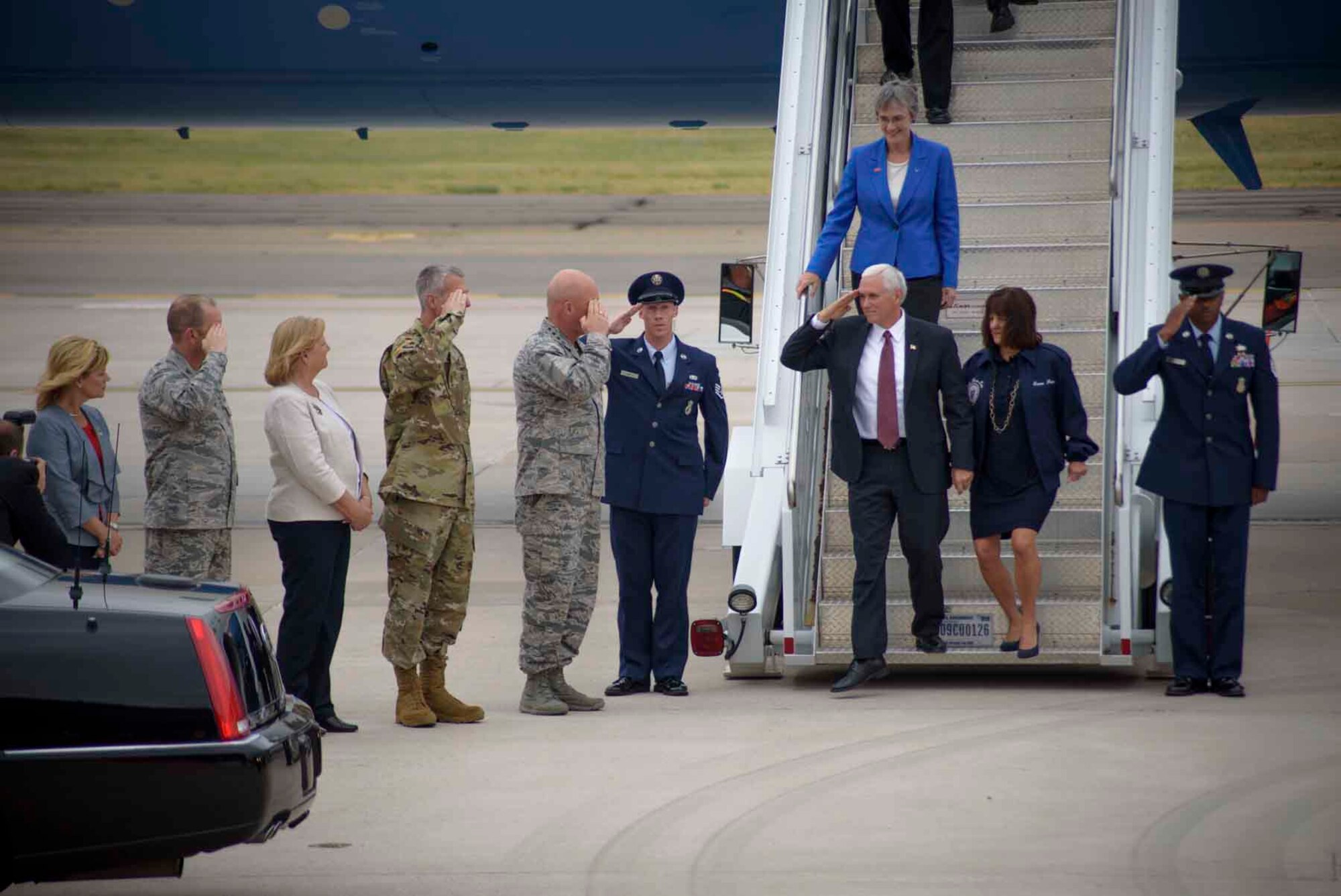 PETERSON AIR FORCE BASE, Colo. - Gen. John "Jay" Raymond, Air Force Space Command commander, greets Vice President Mike Pence alongside Karen Pence, second lady, and the Secretary of the Air Force Heather Wilson at Peterson Air Force Base, Colo., June 23, 2017. Pence traveled with Wilson as he visited Peterson AFB, Schriever AFB and Cheyenne Mountain Air Force Station, each falling under AFSPC. (U.S. Air Force photo by Senior Airman Dennis Hoffman)
