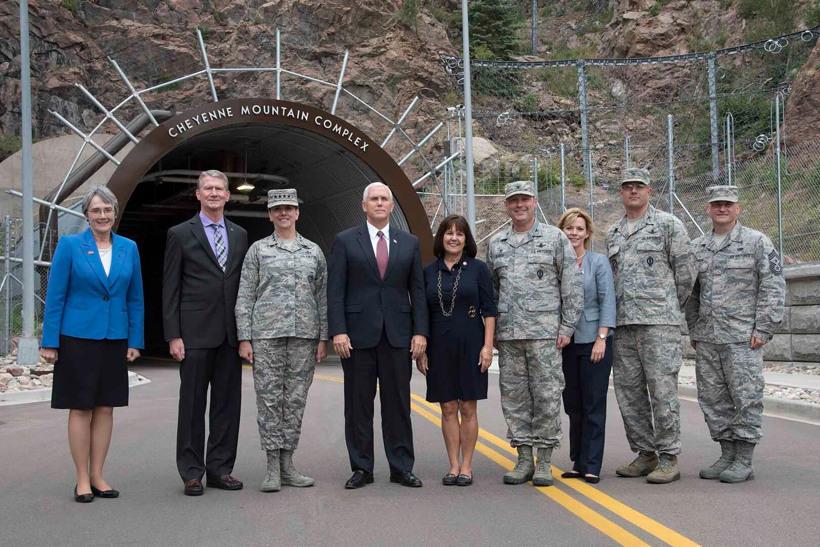 CHEYENNE MOUNTAIN AIR FORCE STATION, Colo. - Vice President Mike Pence alongside the Secretary of the Air Force Heather Wilson visit Cheyenne Mountain Air Force Station with Gen. Lori Robinson, North American Aerospace Defense Command/U.S. Northern Command commander, and 21st Space Wing leadership June 23, 2017.  As an integral part of the 21st Space Wing, Cheyenne Mountain AFS provides and employs global capabilities to ensure space superiority to defend our nation and allies. (U.S. Air Force photo by
Senior Airman Dennis Hoffman)
 
