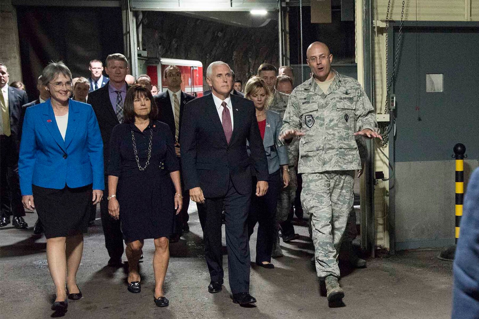 CHEYENNE MOUNTAIN AIR FORCE STATION, Colo. - Col. Robert Moose, 721st Mission Support Group commander, gives a guided tour to Vice President Mike
Pence and the Secretary of the Air Force Heather Wilson during a visit to Cheyenne Mountain Air Force Station June 23, 2017.  As an integral part of the 21st Space Wing, Cheyenne Mountain AFS provides and employs global
capabilities to ensure space superiority to defend our nation and allies. (U.S. Air Force photo by Senior Airman Dennis Hoffman)
 
