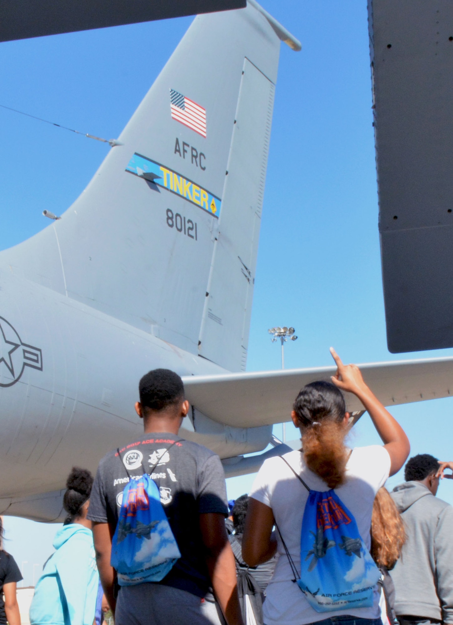 Future aviators from the Organization of Black Aerospace Professionals receive an in-depth look at a 507th Air Refueling Wing KC-135 Stratotanker here June 20, 2017. The young aviators observed how the Air Force Reserve directly fuels the fight through preparation, training and striving for combat-readiness during their three hour long orientation flight. (U.S. Air Force photo/Staff Sgt. Samantha Mathison)