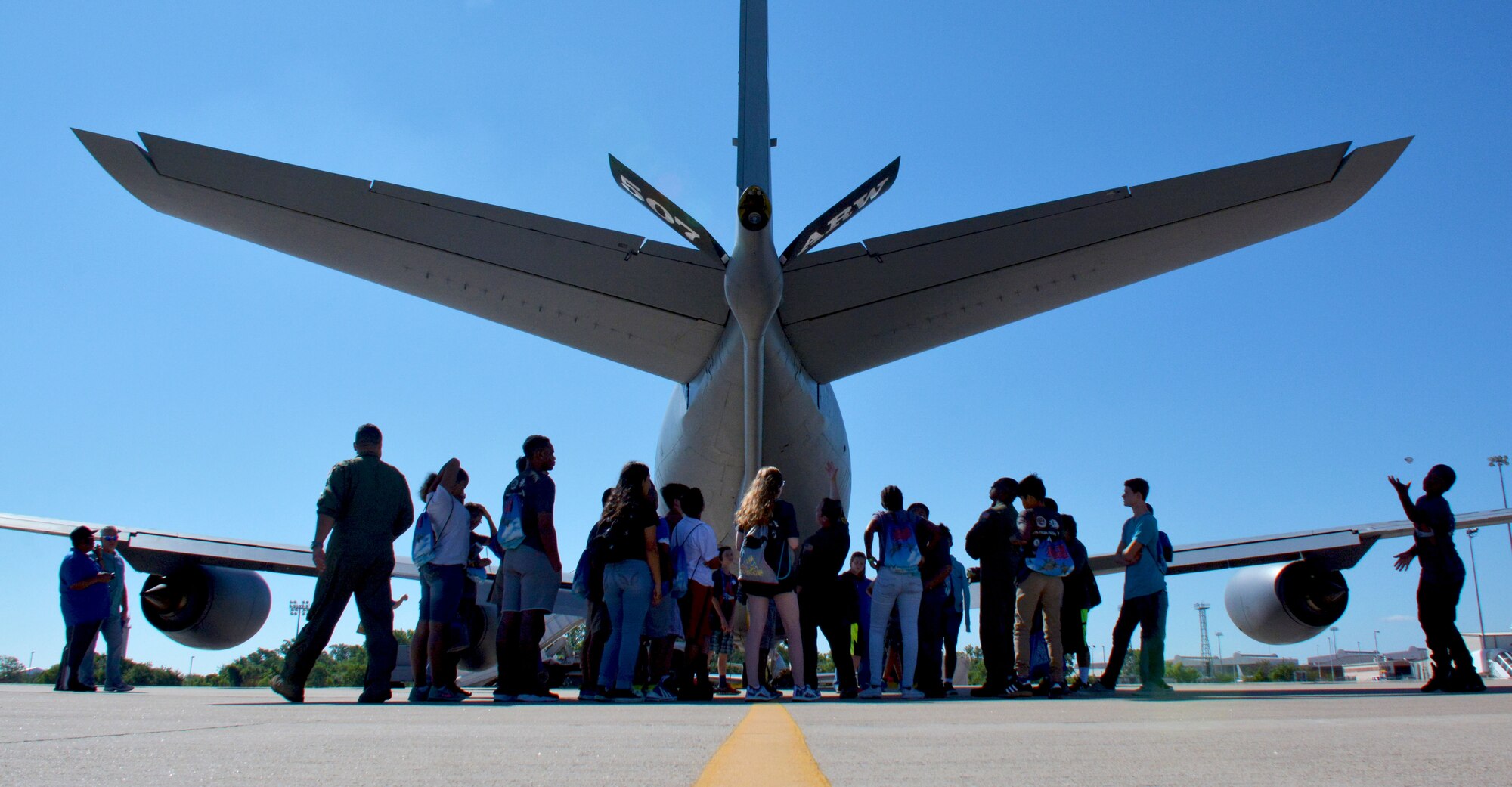 Future aviators from the Organization of Black Aerospace Professionals receive an in-depth look at a 507th Air Refueling Wing KC-135 Stratotanker here June 20, 2017. The young aviators observed how the Air Force Reserve directly fuels the fight through preparation, training and striving for combat-readiness during their three-hour long orientation flight. (U.S. Air Force photo/Staff Sgt. Samantha Mathison)