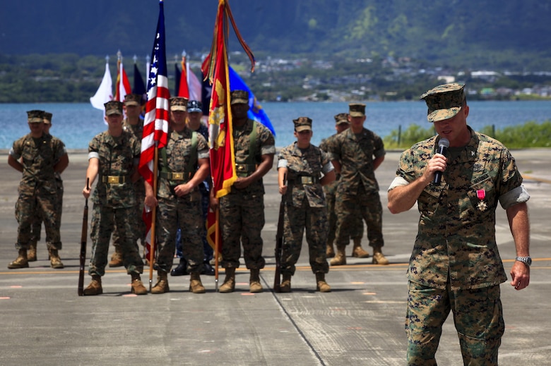 MARINE CORPS BASE HAWAII – Col. Sean C. Killeen addresses his audience during a change of command ceremony aboard Marine Corps Air Station Kaneohe Bay on June 23, 2017. During the Ceremony, Killeen also retired from the Corps after 34 years of honorable service. (U.S. Marine Corps photo by Cpl. Alex Kouns/Released)