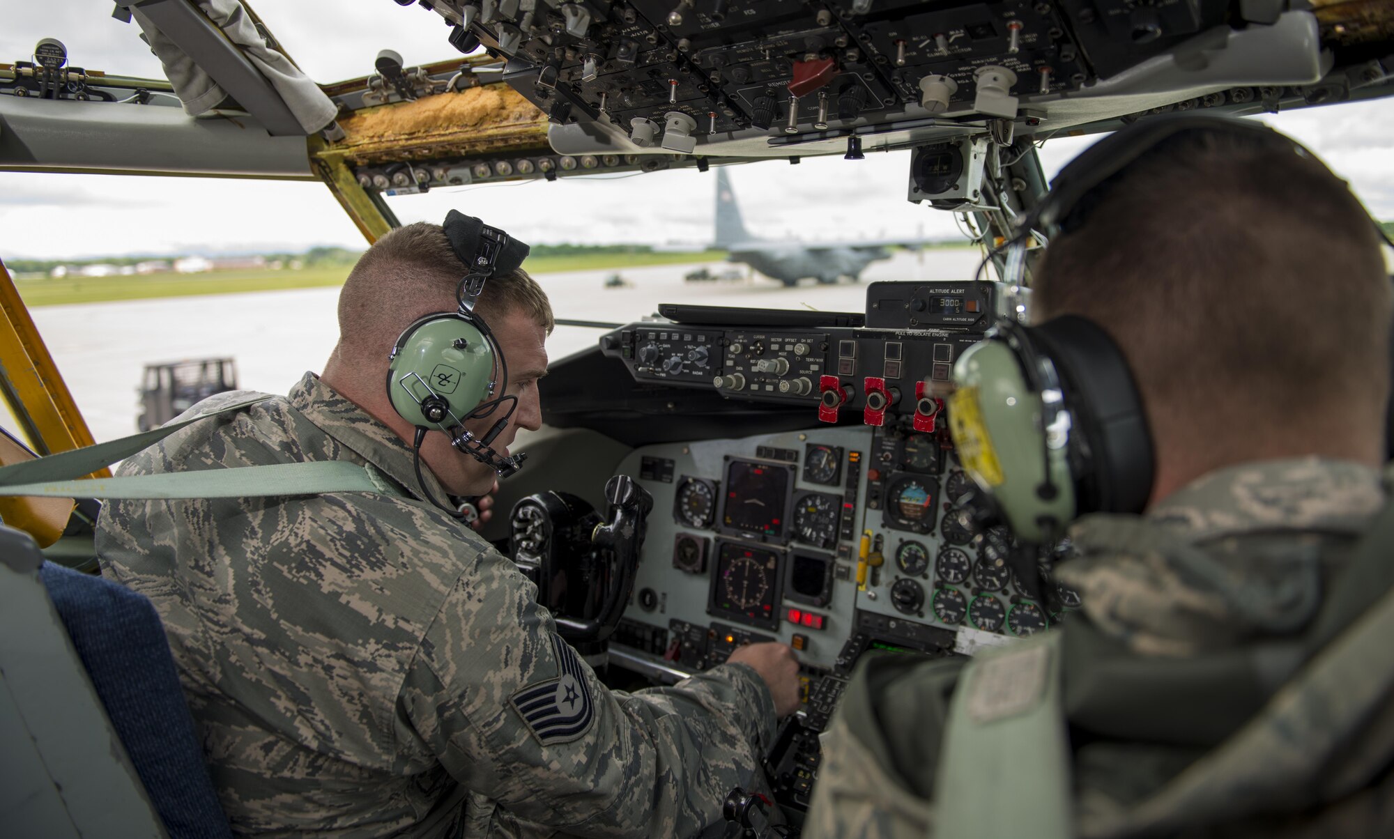 Tech. Sgt. Steven Arnold, 64th Air Refueling Squadron, New Hampshire Air National Guard, and Staff Sgt. Anthony Lewandowski, 914th Aircraft Maintenance, run various function checks on a KC-135 Stratotanker, June 27, 2017, Niagara Falls Air Reserve Station, N.Y. The 914th officially made the transition from an Airlift Wing, flying and maintaining the C-130 Hercules, to an Air Refueling Wing, flying the KC-135, at the beginning of June. Aircraft Maintenance personnel have since been training to familiarize themselves with the new aircraft. (U.S. Air Force photo by Tech. Sgt. Stephanie Sawyer) 