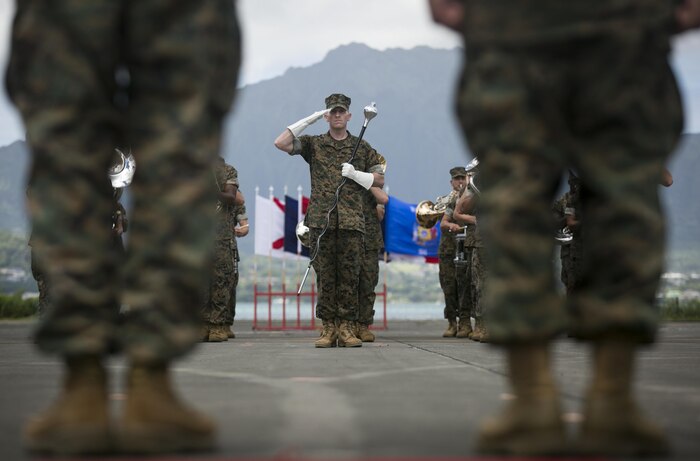 MARINE CORPS BASE HAWAII – The Marine Corps Forces, Pacific Band performs at a change of command ceremony aboard Marine Corps Air Station Kaneohe Bay on June 23, 2017. During the ceremony, Col. Sean C. Killeen relinquished command of Marine Corps Base Hawaii to Col. Raul Lianez and Killeen retired from the Corps after 34 years of honorable service. (U.S. Marine Corps photo by Sgt. Brittney Vella/Released)