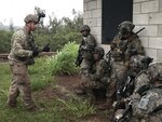 Army Reserve Soldiers of Echo Company, 100th Battalion, 442nd Infantry Regiment receive instruction from an Observer/Controller (OC) of the 196th Infantry Brigade (Training Support Brigade) during exercise Lava Forge, at Kahuku Training Area, Hawaii, June 18, 2017.  