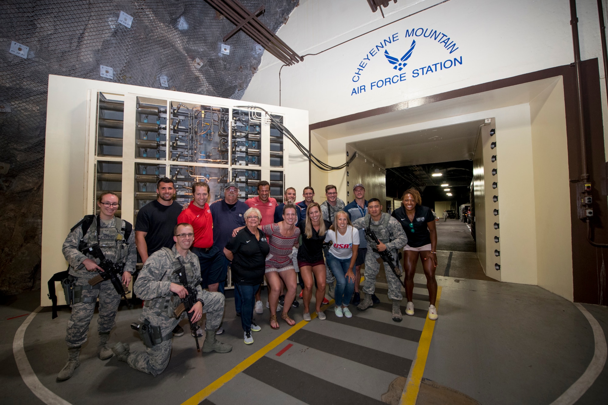 CHEYENNE MOUNTAIN AIR FORCE STATION, Colo. – The USA Bobsled and Skeleton team visits with Airmen and tour Cheyenne Mountain Air Force Station, Colo., June 19, 2017. The USABS team is currently training for the 2018 Winter Olympics in Pyeongchang, Korea. (U.S. Air Force photo by Senior Airman Dennis Hoffman)