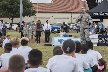 Col. Thomas Miner, 502nd Security and Readiness Group commander, speaks to children at a youth football camp June 26, 2017, at Joint Base San Antonio-Randolph. JBSA-Randolph was one of 11 military communities selected to host a 2017 ProCamps football event. (U.S. Air Force photo by Senior Airman Stormy Archer)