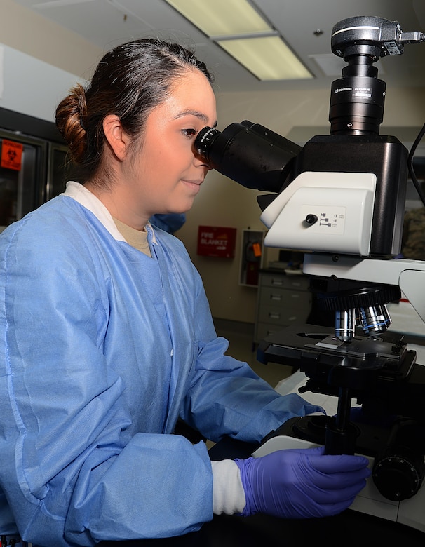 U.S. Air Force Airman 1st Class Julia Maldonado, 633rd Medical Support Squadron Laboratory medical laboratory technician, tests a blood sample at Joint Base Langley-Eustis, Va., June 26, 2017. Lab technicians can provide test results to medical providers within a few hours. (U.S. Air Force photo/Staff Sgt. Teresa J. Cleveland)