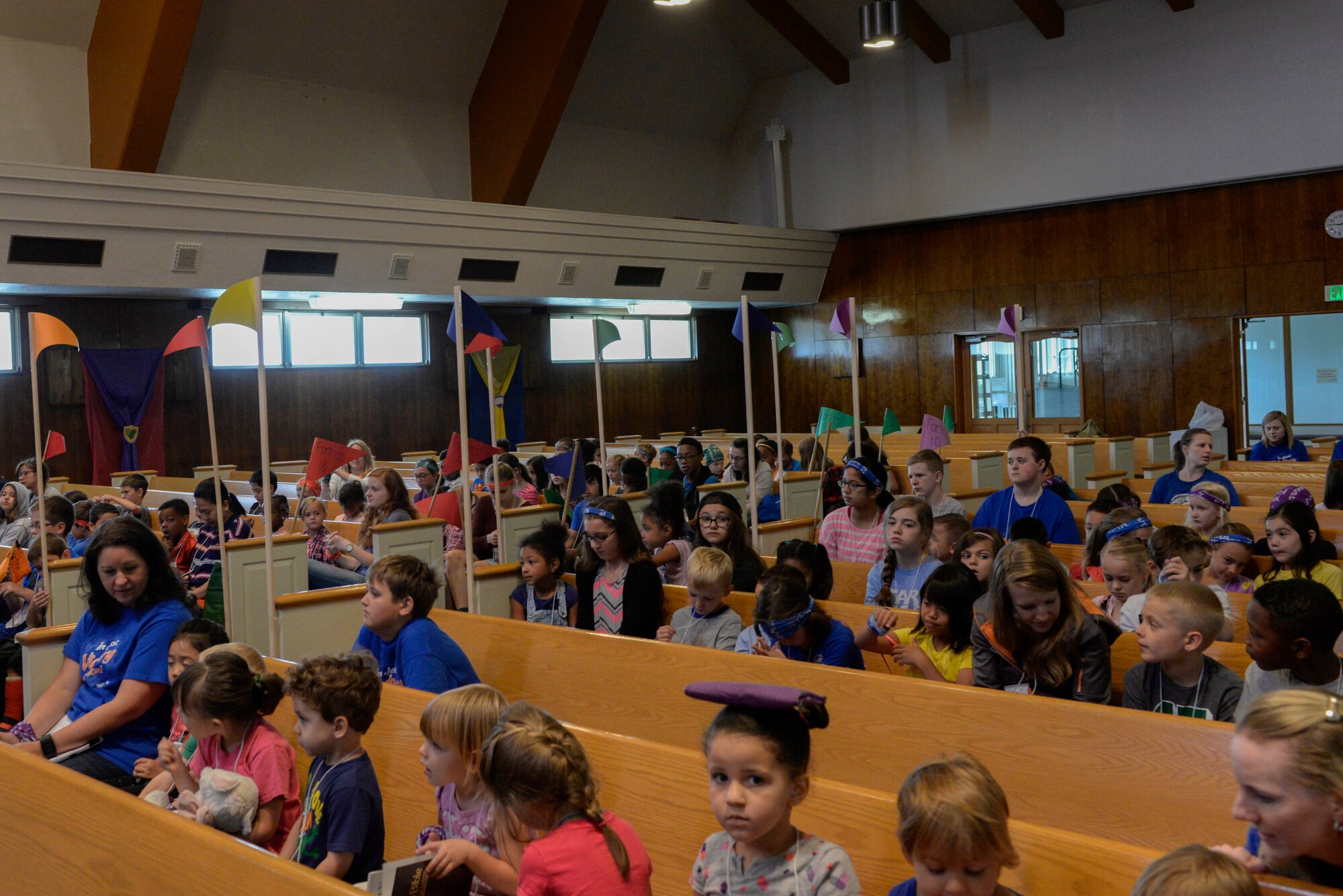 Children and volunteers participate in Yokota’s annual Vacation Bible School at Yokota Air Base, Japan, June 23, 2017. Approximately 150 children gathered in the main chapel annex for the VBS before separating into their teams to participate in various activities such as arts and crafts, storytelling and snack time.