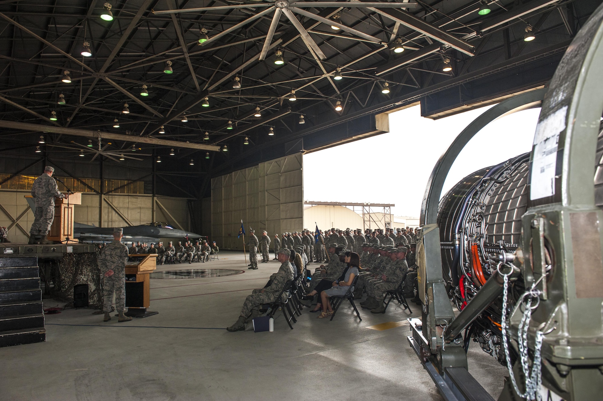 U.S. Air Force Col. George Sebren, 8th Maintenance Group commander, speaks to the 8th Fighter Wing during a change of command ceremony June 28, 2017, at Kunsan Air Base, Republic of Korea. Sebren took command of the 8th MXG from Col. James Long and, upon assuming the position, received the title of “Phoenix.” (U.S. Air Force photo by Senior Airman Colville McFee/Released)