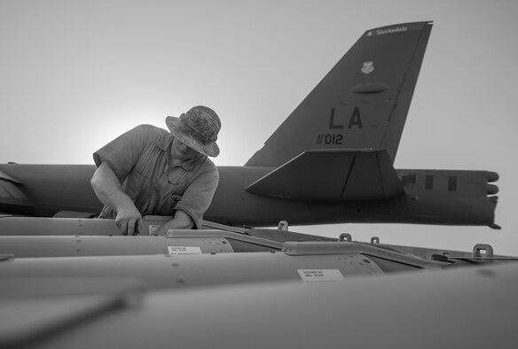 A munitions technician assigned to the 23rd Expeditionary Aircraft Maintenance Unit prepares to load munitions on a B-52 Stratofortress assigned to the 23rd Expeditionary Bomb Squadron June 15, 2017, in Southwest Asia. The 23rd EAMU provided the 400th consecutive sortie without a maintenance cancellation on the day the 23rd EBS celebrated the 100th anniversary of the unit. (U.S. Air Force photo by Staff Sgt. Trevor T. McBride) 
