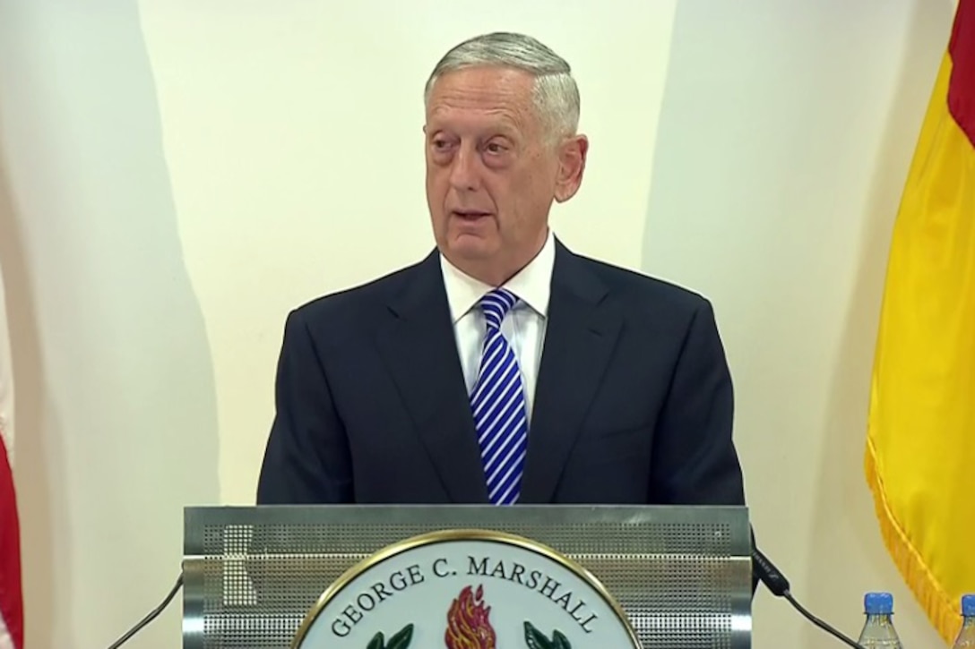 Defense Secretary Jim Mattis delivers remarks highlighting the 70th anniversary of the Marshall Plan at the George C. Marshall European Center for Security Studies, Garmisch, Germany, June 28, 2017.