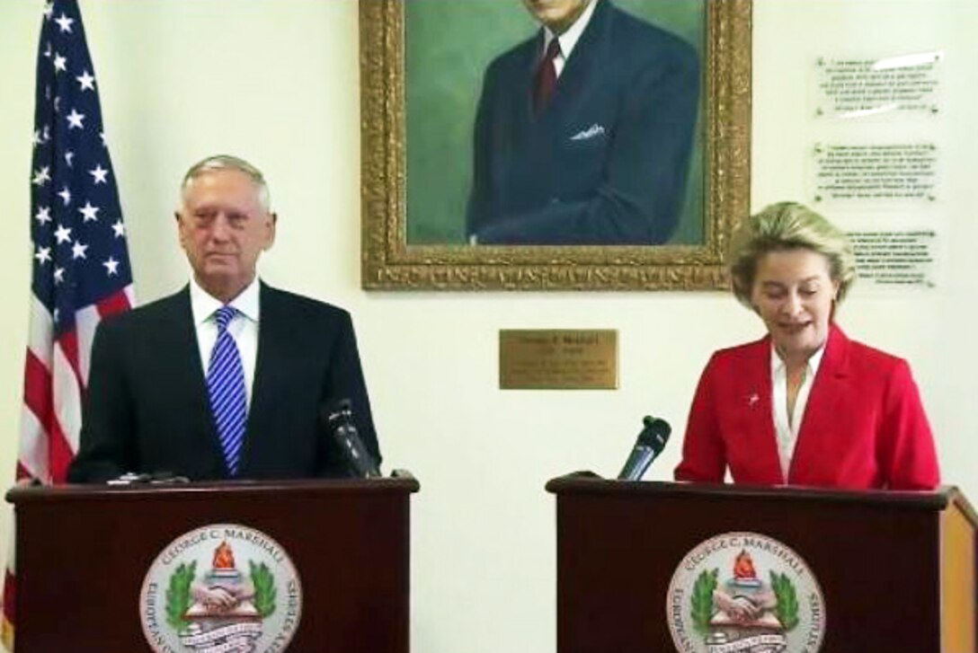 Defense Secretary Jim Mattis and German Defense Minister Ursula von der Leyen speak to reporters before attending an observance for the 70th anniversary of the Marshall Plan at the George C. Marshall Center for Security Studies in Garmisch, Germany, June 28, 2017. Courtesy photo