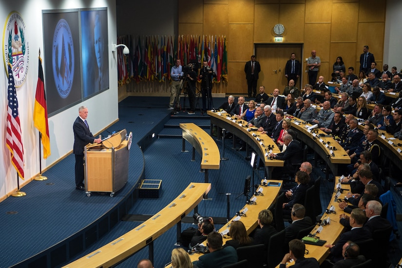 Defense Secretary Jim Mattis discusses the partnership between the U.S. and Germany during an event at the George C. Marshall European Center for Security Studies in Garmisch, Germany, June 28, 2017. DoD photo by Air Force Staff Sgt. Jette Carr
