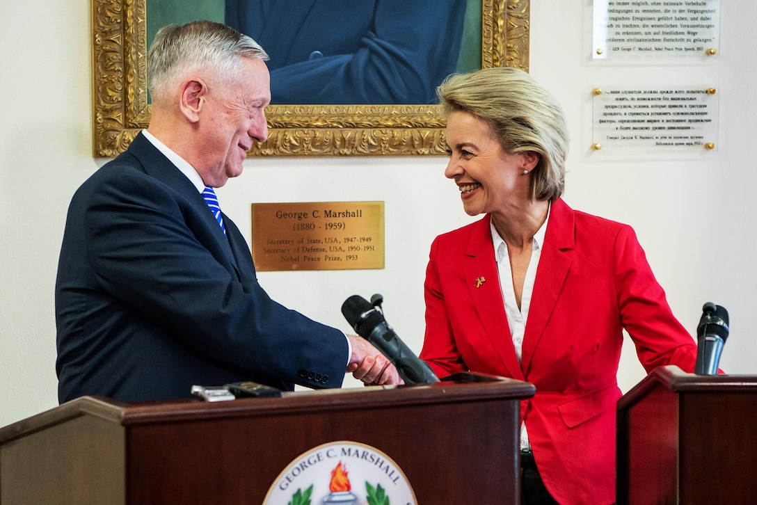 Defense Secretary Jim Mattis shakes hands with German Defense Minister Ursula von der Leyen during a joint press conference at the George C. Marshall European Center for Security Studies in Garmisch, Germany, June 28, 2017. DoD photo by Air Force Staff Sgt. Jette Carr
