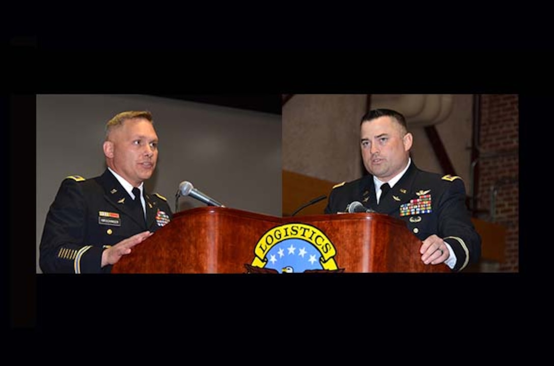 Army Col. Mark Hirschinger, left, and Army Chief Warrant Officer 4 Kevin Ryan share the podium during their joint retirement ceremony held June 22, 2017 on Defense Supply Center Richmond, Virginia.  Hirschinger and Ryan gave 30 and 22 years, respectively, of dedicated service to their country.