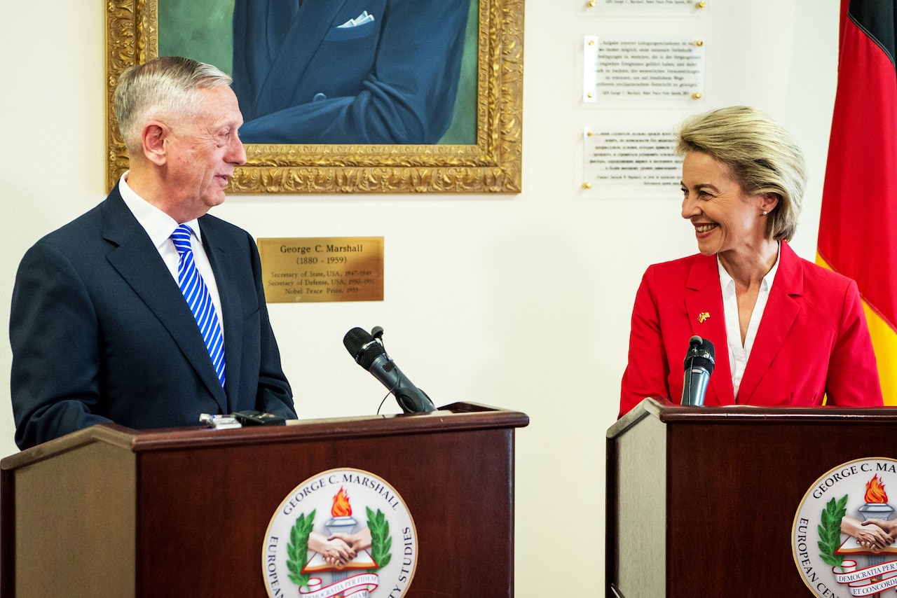 Defense Secretary Jim Mattis and Ursula von der Leyen, Germany's defense minister, meet the press at the George C. Marshall European Center for Security Studies in Garmisch-Partenkirchen, Germany, June 28, 2017. DoD photo by Air Force Staff Sgt. Jette Carr