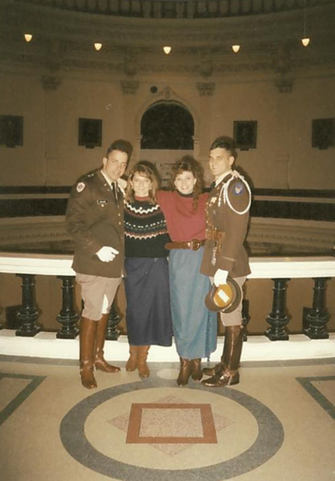 Texas A&M University cadets Douglas Thies, far right, and David Vaclavik, far left stand for a picture in their uniforms with their future wives after a Texas A&M football game in Austin, Texas, circa 1992. As best friends, the two would become commissioned Air Force officers and eventually command groups at Shaw Air Force Base, S.C., at the same time. (Courtesy photo)