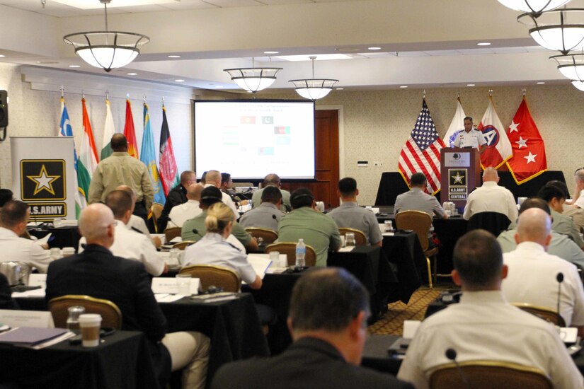 Lt. Gen. Michael Garrett, commanding general, U.S. Army Central, gives the opening remarks at the U.S. Army Central CASA Land Forces Symposium in Al-exandria, Va., June 19, 2017. In his remarks, Garrett spoke on the importance of drawing from the lessons learned at the symposium to help USARCENT and its partner nations find solutions to their mutual security concerns.