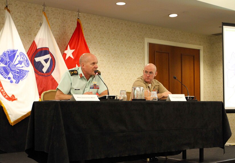 Canadian Maj. Gen. Dean Milner and Col. Walter Powers of U.S. Central Com-mand’s CCJ5 speak at the U.S. Army Central CASA Land Forces Symposium, hosted in Alexandria, Va., June 19-22, 2017. The symposium gave senior leaders of USARCENT Central Asian countries an opportunity to hear from civilian and military experts on the Middle East and also from senior military leaders in the region. Maj. Gen. Milner and Col. Powers spoke on Operation Resolute Support.