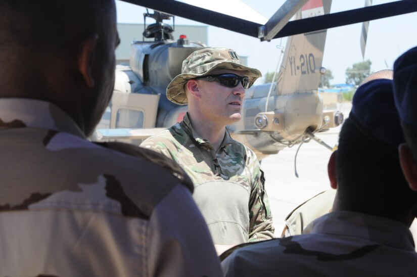 U.S. Army Capt. Christopher Stephens, a flight surgeon from the 449th Aviation Support Battalion, briefs members of the Iraqi security forces on the practical exercise portion of the Iraqi Flight Medic Course at Camp Taji, Iraq, June 8, 2017. The course covered basic casualty care and additional flight-focused instruction in altitude physiology and aircraft safety. This training is part of the overall Combined Joint Task Force – Operation Inherent Resolve building partner capacity mission by training and improving the capability of partnered forces fighting ISIS. CJTF-OIR is the global Coalition to defeat ISIS in Iraq and Syria. (U.S. Army photo by Capt. Stephen James)