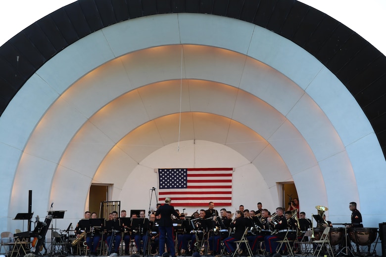 The 2nd Marine Division Band from Camp Lejeune, N.C., performs at Overman Park during the Sturgis Falls Celebration in Cedar Falls, Iowa, June 24, 2017. The band presence helps the recruiting efforts in the Midwest, including the Musician Enlisted Option Program. (U.S. Marine Corps photo by Sgt. Jennifer Webster/Released)