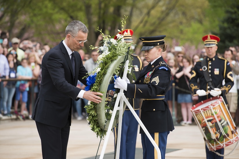 NATO Secretary General Jens Stoltenberg places a wreath at the Tomb of the Unknown Soldier during a ceremony at Arlington National Cemetery, Va., April 12, 2017. Army photo by Rachel Larue