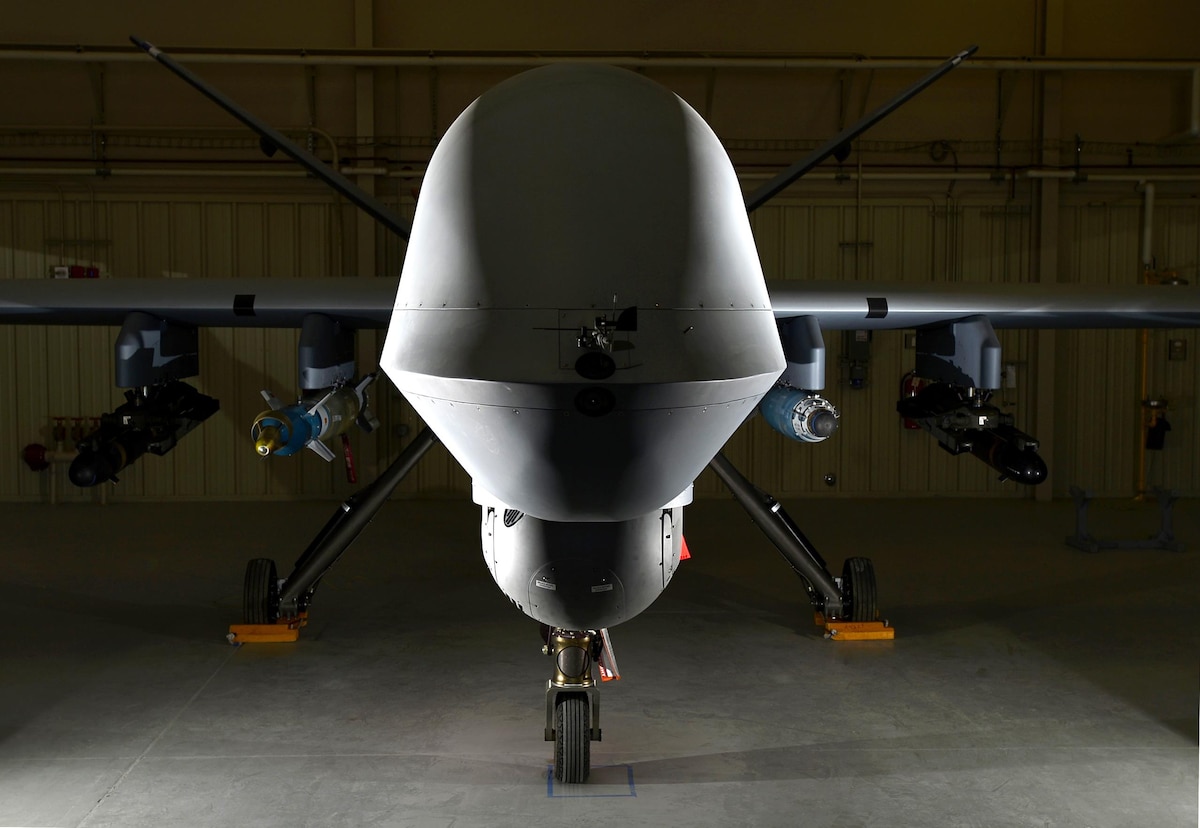 The new Block 5 MQ-9 Reaper is loaded with AGM-114 Hellfire missiles, a GBU-12 Paveway II laser-guided bomb and a GBU-38 Joint Direct Attack Munition April 13, 2017, at Creech Air Force Base, Nev. On 23 June, 2017, the latest version of the MQ-9 Reaper, the Block 5 variant, was successfully flown in combat in support of Operation Inherent Resolve. The aircrew flew a sortie of over 16 hours with a full payload of weapons including GBU-38 Joint Direct Attack Munitions and AGM-114 Hellfire missiles. During the mission, the crew employed one GBU-38 and two Hellfires while providing hours of armed reconnaissance for supported ground forces. The Block 5 is equipped with improved electrical and communications systems which provides better software and hardware upgrades for future operations. (U.S. Air Force photo/Senior Airman Christian Clausen)